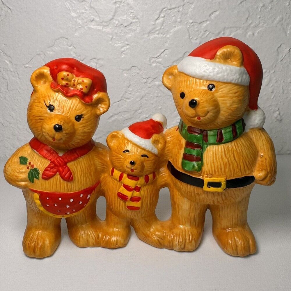 Russ Berrie & Co. Holiday Trip Vintage‎ Porcelain Christmas Teddy Bear Family 4”